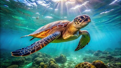 Fototapeta premium Macro shot of a Green Sea Turtle gracefully swimming on the sea floor