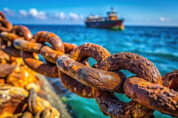 Macro shot of a rusting chain link on a shipwreck showing intricate detail of decay and marine encrustation reflected