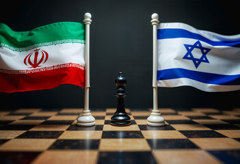 A game of Chess, with the flags of Israel and Iran. War between Israel and Iran.