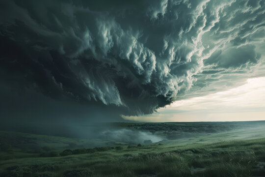 Large black thundercloud rolling over green plains.
