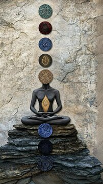Balanced energy path: meditative practice of chakra visualization , enhancing inner peace, concentration by focusing on alignment of energy centers for emotional, spiritual harmony.