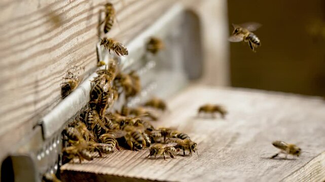 Energetic bees with striped bodies are entering wooden beehive with honey. Pollen is put into cells of honeycomb. Worker bees walk and work inside hive in apiary