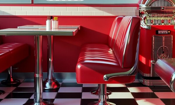 A red booth with a checkered floor and a jukebox in the background Video