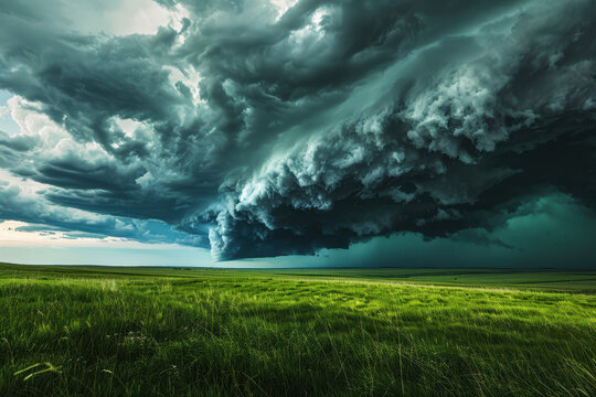 Large black thundercloud rolling over green plains.