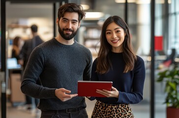 Smiling man and woman in a modern office setting holding a tablet, showcasing teamwork and communication in a professional environment