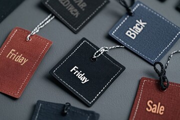Black Friday Sale Tags: A close-up shot of various price tags with bold "Black Friday Sale" text. The tags are attached to popular items like electronics, clothing, and accessories, with discounts pro