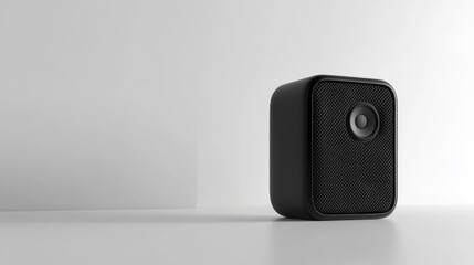 Obraz premium Black compact speaker with a mesh front on a white background realistic design. Portable sound device for music and audio listening isolated object.. Generative AI