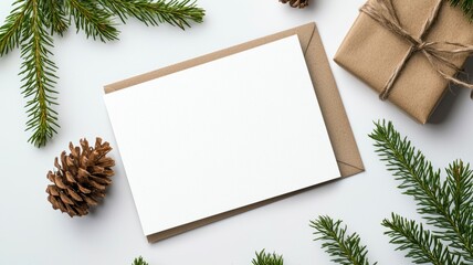 Blank greeting card and gift wrapped in brown paper surrounded by pine cones and evergreen branches