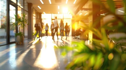 Obraz premium Blurred Silhouette of People Walking Through a Sunlit Hallway