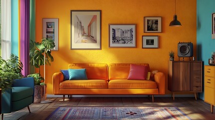 Modern Living Room Interior Design with Colorful Furniture and Decor