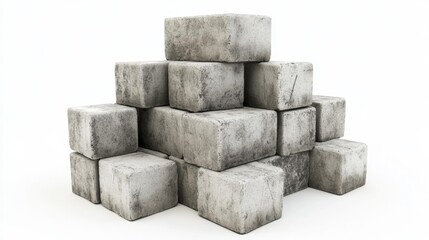 Obraz premium Stacked concrete cinder blocks isolated on a white background realistic image for construction and architectural design purposes.. Generative AI