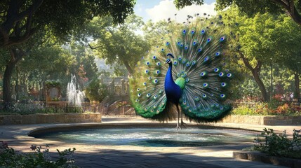 Obraz premium Peacock Displaying its Feathers in a Tranquil Garden