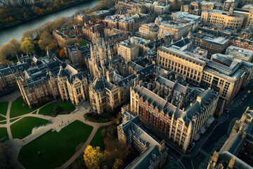 Obraz premium Aerial view of a historic university campus with Gothic architecture, green lawns, and a nearby river, surrounded by urban buildings and roads.