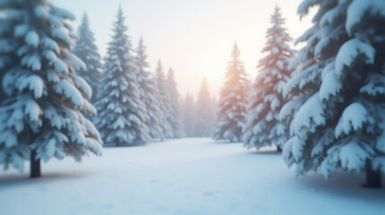 Fototapeta premium The soft focus of the snow-covered fir trees creates an atmosphere of calm and a peaceful winter look, perfect for a background or card