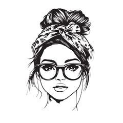 Hand-drawn girl with messy hairstyle - hair bun. Mom lifestyle clip art for prints