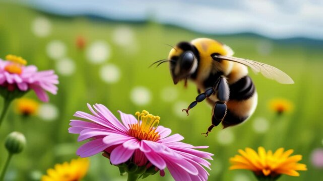A fluffy bumblebee collects nectar from flowers