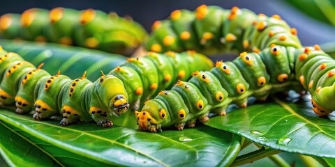 Macro shot of green caterpillars feeding on orange leaves