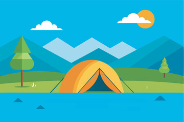 A serene camping scene by a lake with a yellow tent under clear skies, surrounded by mountains and trees, exuding tranquility and natural beauty.