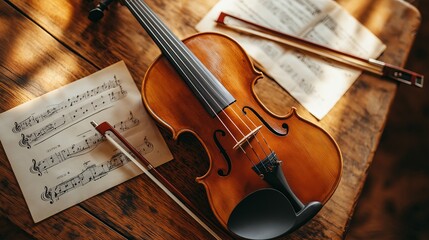 Naklejka premium A close-up of a violin resting on a rustic wooden table, with its polished wood glistening under soft