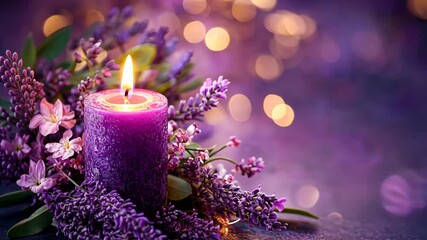 A purple candle burns brightly, surrounded by lavender flowers, creating a relaxing and romantic atmosphere - Powered by Adobe