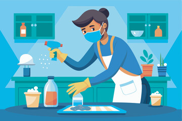 Person in white apron, yellow gloves, mask cleaning kitchen counter with sprayers, utensils. Emphasis on sanitation and cleanliness in kitchen.