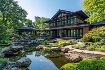 Fototapeta premium Tranquil Japanese Garden with a serene pond, large rocks, lush greenery, and a modern home.