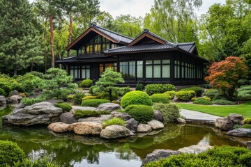 A tranquil Japanese garden with a pond, rocks, and lush greenery surrounding a modern black wooden house.