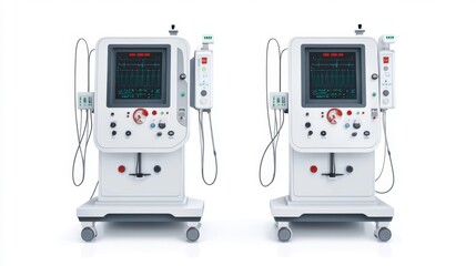 Dual hemodialysis machines isolated on a white background ideal for healthcare medical technology and equipment presentations or product catalogs.. Generative AI