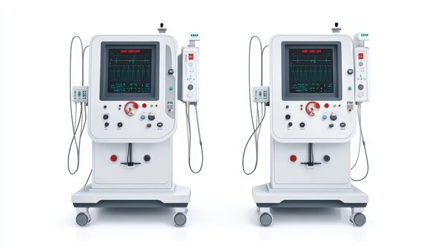 Dual hemodialysis machines isolated on a white background ideal for healthcare medical technology and equipment presentations or product catalogs.. Generative AI