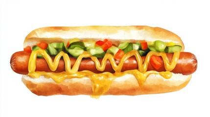 Realistic Hot Dog with Mustard and Vegetables on a White Background. Generative AI
