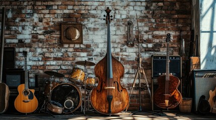 Naklejka premium Musical Instruments in a Brick Wall Studio