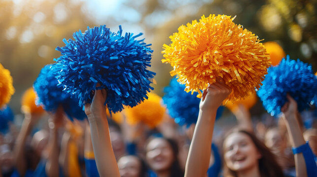 Two cheerleaders raise their pom-poms in a dynamic display of energy and unity. This image symbolizes teamwork, school spirit, enthusiasm, and the power of collective motivation in achieving success