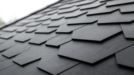 Modern black roof tiles in geometric pattern on a roof. Detailed view of overlapping tiles in a sleek modern finish. Ideal for roofing architecture and design visuals.. Generative AI