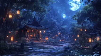 A mystical forest market under the moonlight, where ethereal creatures trade magical artifacts, their stalls surrounded by floating lanterns and ancient runes