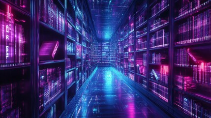 Fototapeta premium A futuristic library with infinite rows of shelves, glowing text forming rivers in midair, books fly in surreal patterns, Sci-fi, Digital art, neon hues, high detail