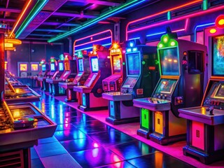 80s Retro Arcade Night Photography with Neon Lights and Vintage Cabinets