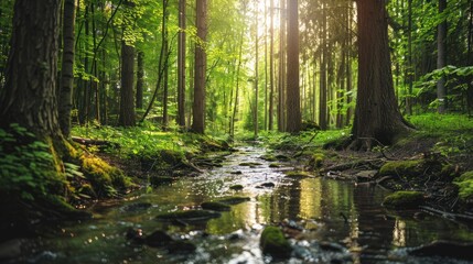 Sunlight Filtering Through Dense Forest Canopy Illuminating a Tranquil Stream