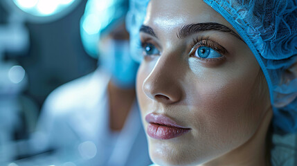 A female patient in a clinical setting undergoing a cosmetic lifting procedure, with a focus on the doctor administering the injection and the rejuvenation process