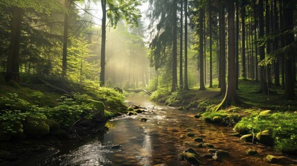 Obraz premium Sunlight Filtering Through Trees Over A Stream In A Forest