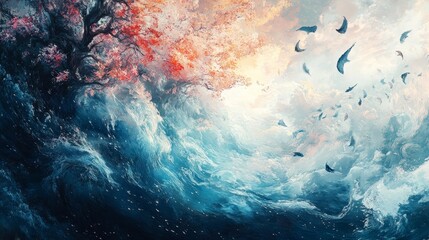 Obraz premium A surreal landscape where the sky is made of flowing water, and fish swim through the air, while trees grow upside down, Dreamlike, Digital Art, Soft Pastels, High Detail