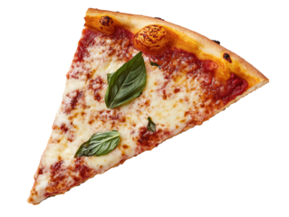 Leckeres Pizzastück Margherita mit frischem Basilikum für kulinarisches und Restaurantdesign