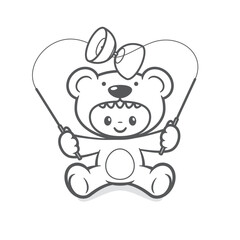 Vector black line cute child in a bear costume juggles a diabolo on a string. Cheerful facial expression and playful pose. Isolated on white background