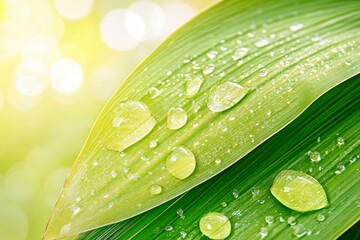 Fresh green leaf with morning dew drops in sunlight