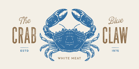 Crab, seafood, sketch. Vintage retro print, seafood crab sketch, logo sign template, ink pencil style drawing, engrave old school. Sketch artwork crab, template sign, logo, symbol. Vector Illustration