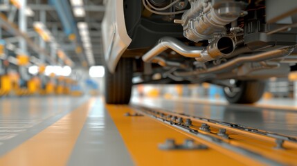 auto car repair service center technician inspecting a car silencer, vehicle maintenance, undercarriage check, automotive services, copy space