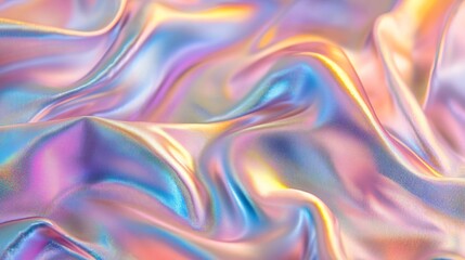 Vibrant holographic background with folded, iridescent fabric, creating an abstract, futuristic look.