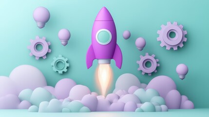 A colorful rocket launching amidst clouds and gears, symbolizing innovation and creativity in a playful and whimsical style.