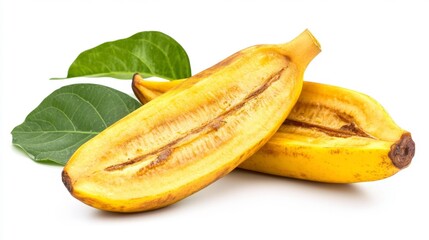 Fresh ripe plantain with one cut open isolated on a white background with leaves perfect for food photography or product presentations.. Generative AI
