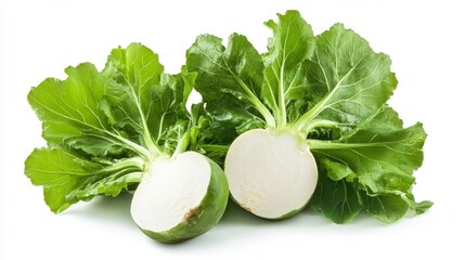 Fresh Turnip Greens with Half-Cut Root and Leaves on a White Background Perfect for Healthy Cooking Concepts. Generative AI