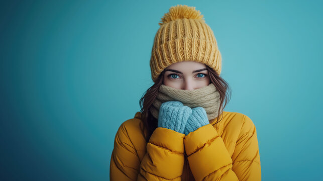 Closeup of a young woman wearing winter jacket, hat mittens cover hiding mouth with wrapped scarf
